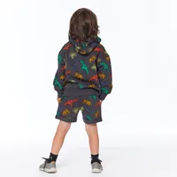 Printed French Terry Top With Hood Charcoal Grey Multicolor Dinosaurs