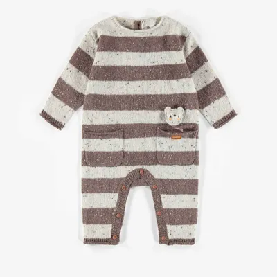 STRIPED BROWN AND WHITE KNIT ONE-PIECE, NEWBORN