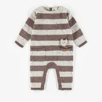 STRIPED BROWN AND WHITE KNIT ONE-PIECE, NEWBORN