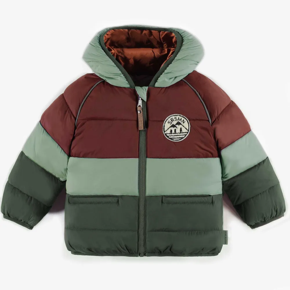 GREEN COLOR BLOCK PUFFER COAT, BABY