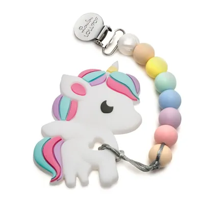Rainbow Unicorn Silicone Teether Holder Set - Cotton Candy