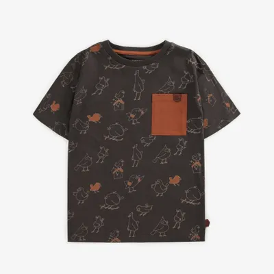 BROWN T-SHIRT WITH BIRDS PATTERN COTTON, CHILD