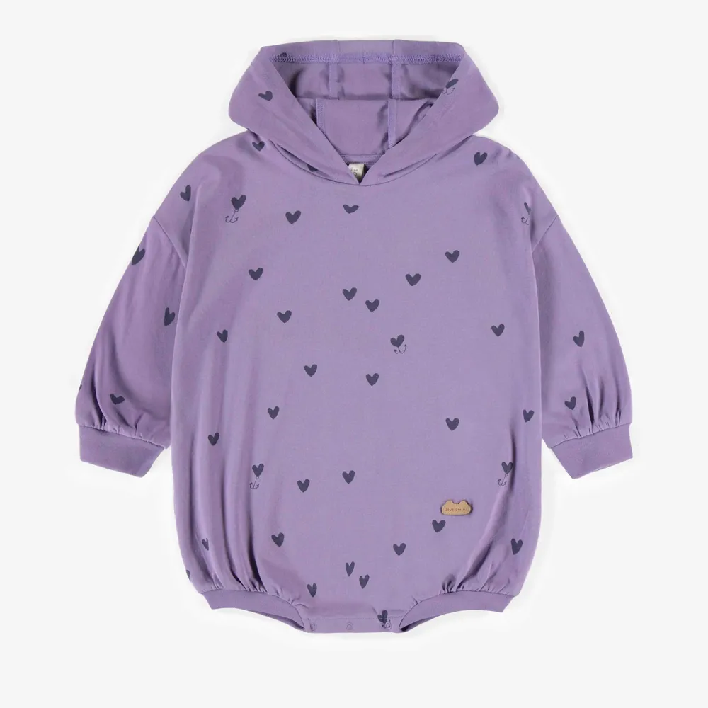 PURPLE HEART-PATTERNED HOODED ONE-PIECE SOFT JERSEY ORGANIC COTTON, NEWBORN