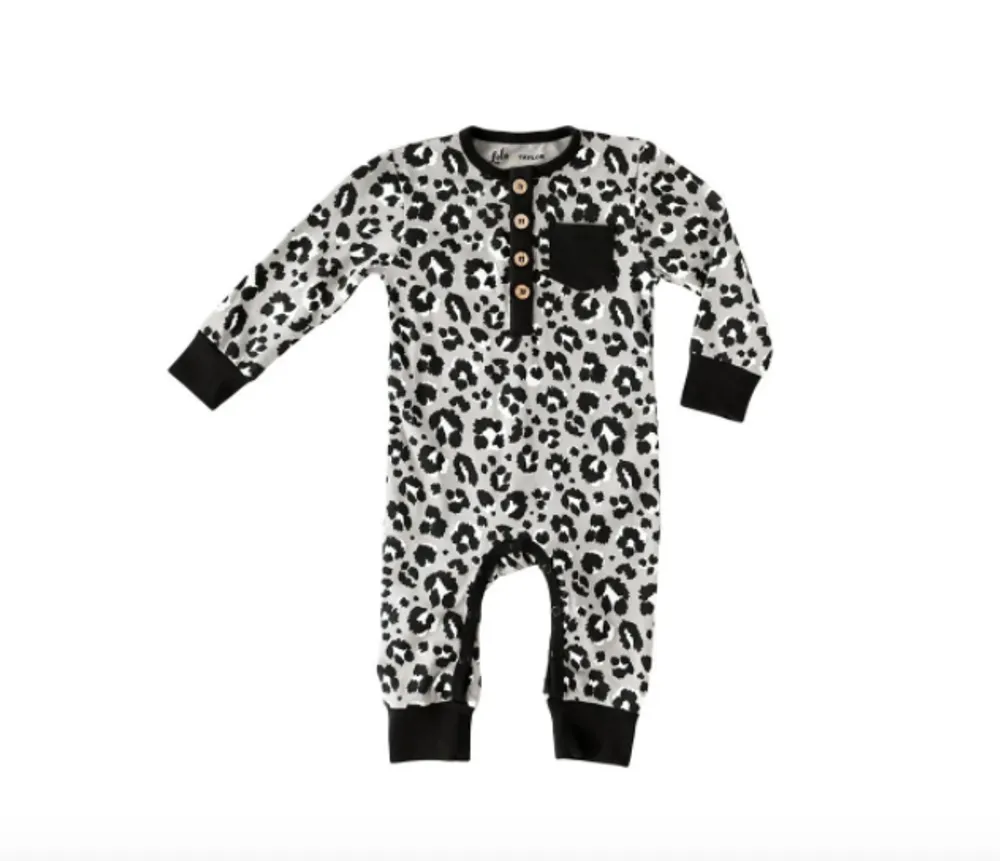 Long Sleeve Wooden Button Romper - Contemporary Leopard