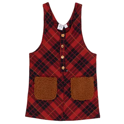PLAID OVERALL JUMPER DRESS WITH SHERPA POCKETS