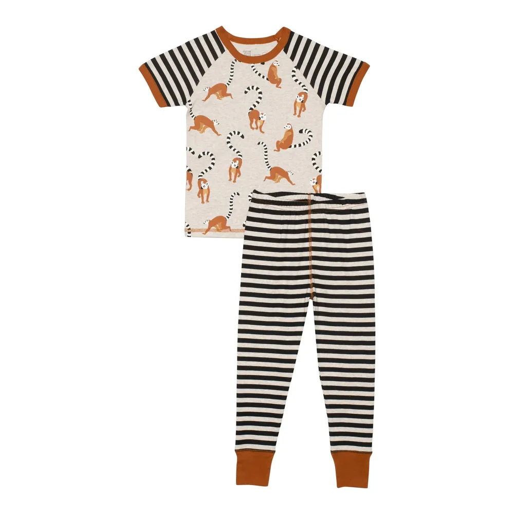 ORGANIC COTTON LEMUR PRINT PAJAMA TOP AND STRIPED PANT SET "GLOW THE DARK"