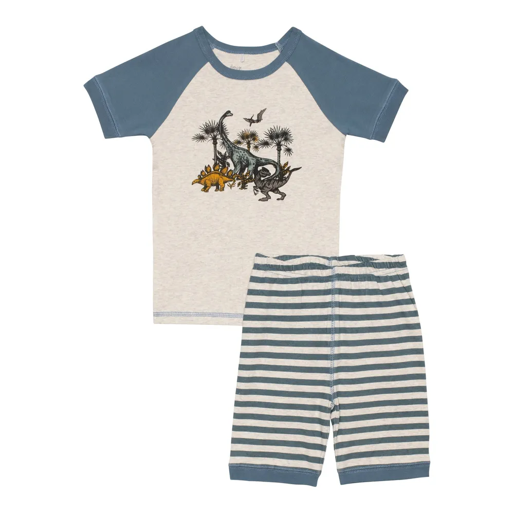 DINO STRIPED ORGANIC COTTON TOP AND SHORTS PAJAMA SET