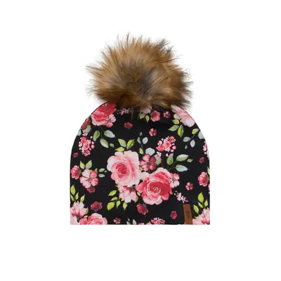 DETACHABLE POMPOM BEANIE HAT WITH ROSES, BABY GIRL &