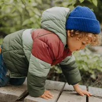 GREEN COLOR BLOCK PUFFER COAT, BABY