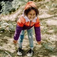 PURPLE PUFFER COAT WITH COLOR BLOCK