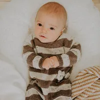 STRIPED BROWN AND WHITE KNIT ONE-PIECE, NEWBORN