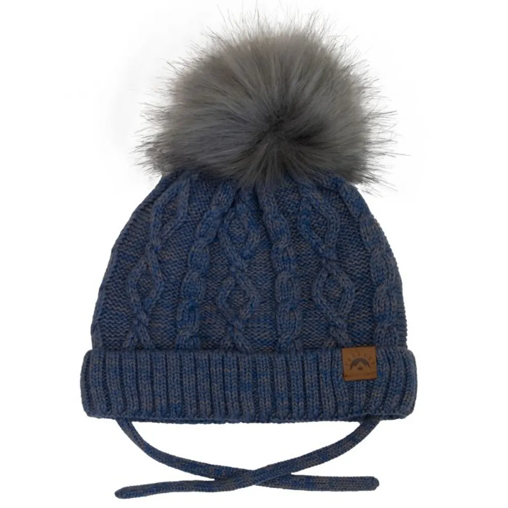 Cotton Knit Faux Fur PomPom Hat - Denim Mix