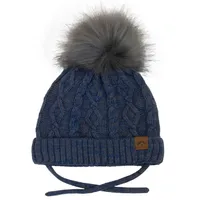 Cotton Knit Faux Fur PomPom Hat - Denim Mix