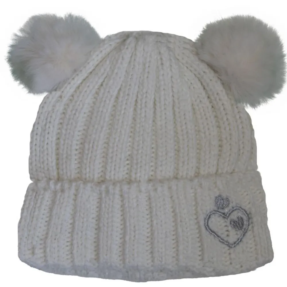 Girls Cashmere Touch Knit Double Pompom Hat- Cream