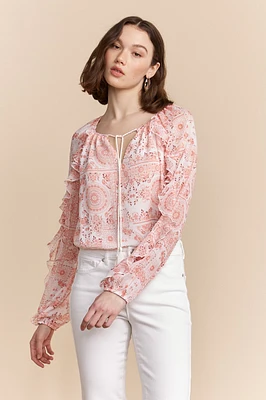 Printed blouse with frills and tie
