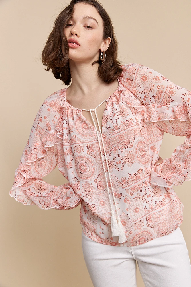 Blouse imprimée avec volants et cordon