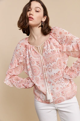 Blouse imprimée avec volants et cordon