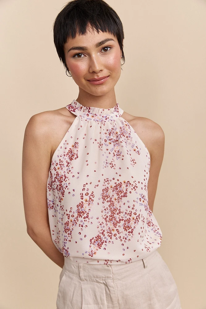 Haut licou à imprimé floral noué au dos