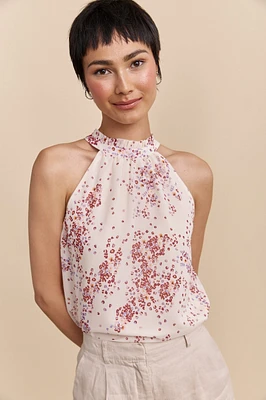 Haut licou à imprimé floral noué au dos