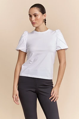 Mixted fabrics top with puffy sleeves
