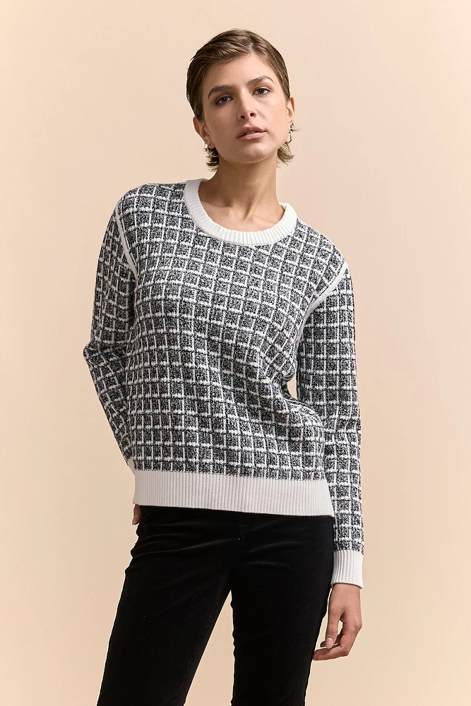 Reversible textured crew neck sweater