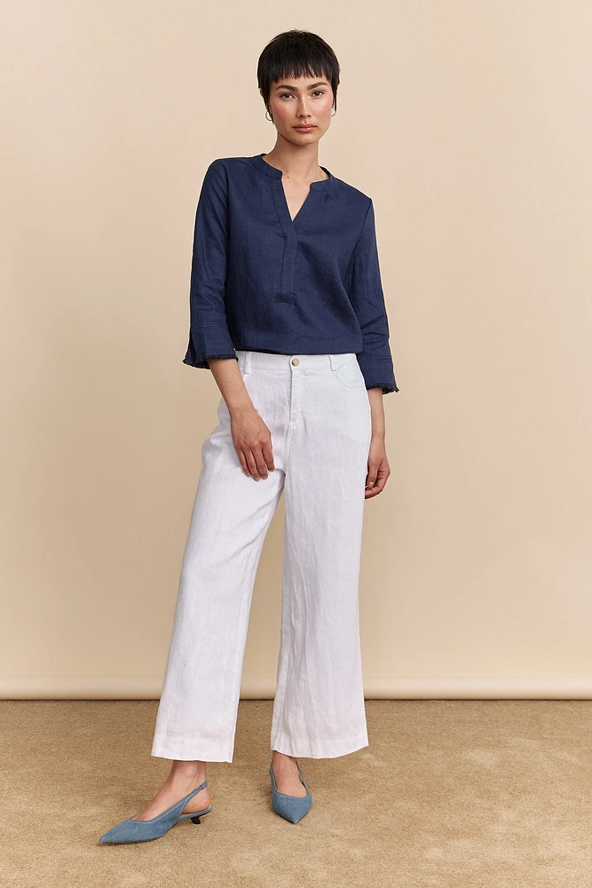 Pantalon en lin écourté à taille haute
