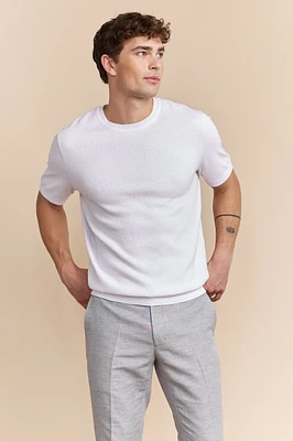 Two tone pointelle knit sweater