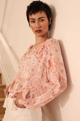 Printed blouse with frills and tie