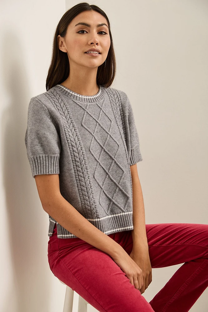 Short Sleeve Cable-Knit Sweater