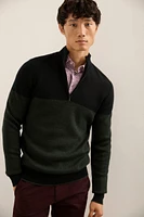 Herringbone Merino Wool Mock-Zip Sweater