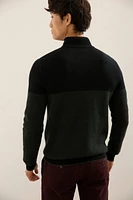 Herringbone Merino Wool Mock-Zip Sweater