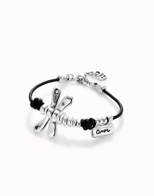 Leather bracelet with beads and butterfly
