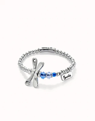 Beaded stretch bracelet with a dragonfly and blue crystal
