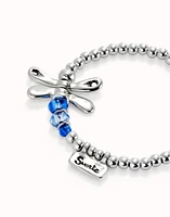 Beaded stretch bracelet with a dragonfly and blue crystal