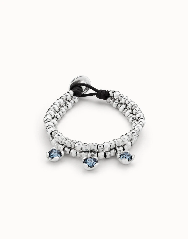 Double strand beaded leather bracelet with blue crystals
