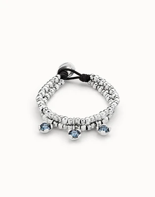 Double strand beaded leather bracelet with blue crystals