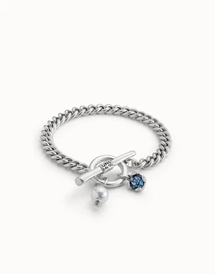Cuban link chain bracelet with pearl and blue crystal