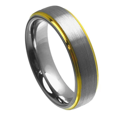 Brushed Center Yellow Gold Plated High Polish Stepped Edge- 6MM Band