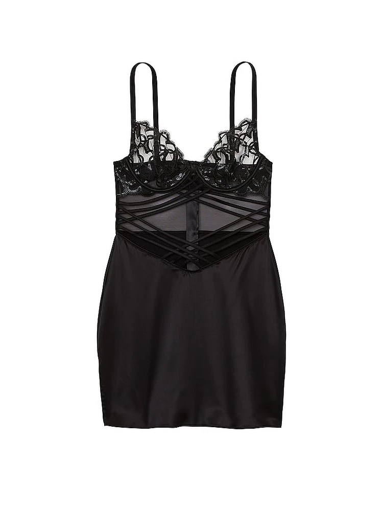 Shimmer Heart Embroidery Strappy Satin Slip