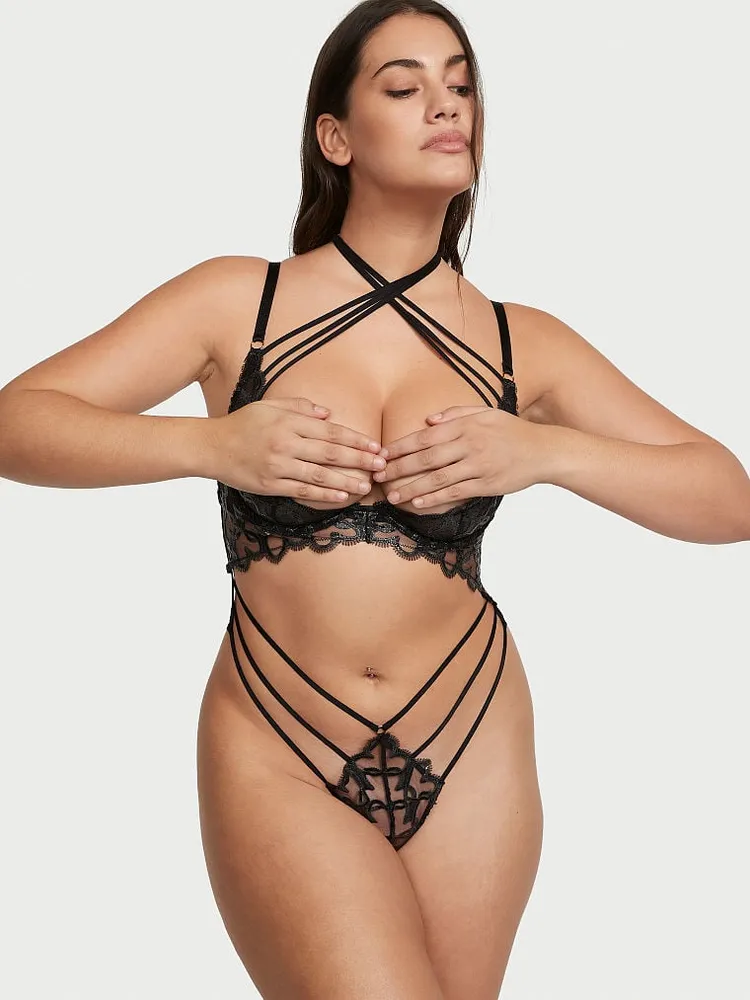 Vs Shimmer Heart Embroidery Open-Cup Strappy Crotchless Playsuit