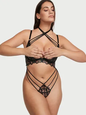 Shimmer Heart Embroidery Open-Cup Strappy Crotchless Playsuit