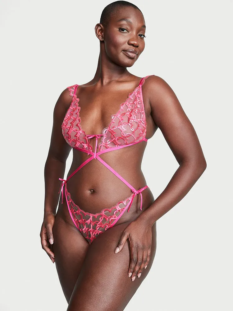 Vs Unlined Shimmer Heart Embroidery Crotchless Teddy