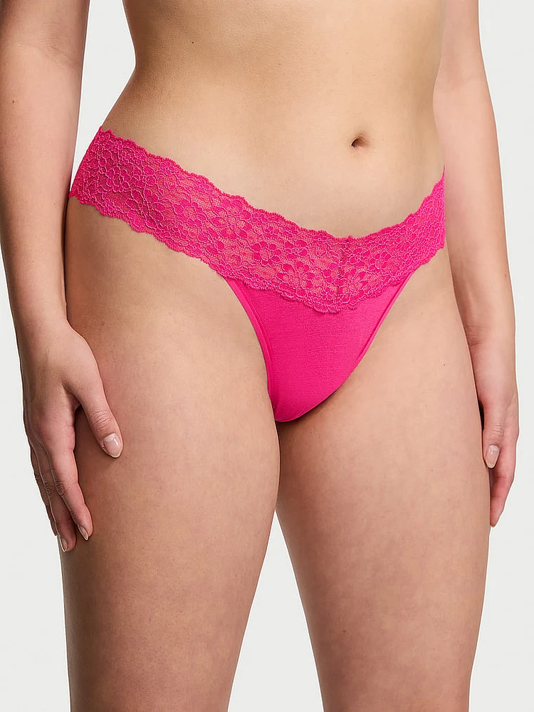 Lace-Waist Cotton Thong Panty