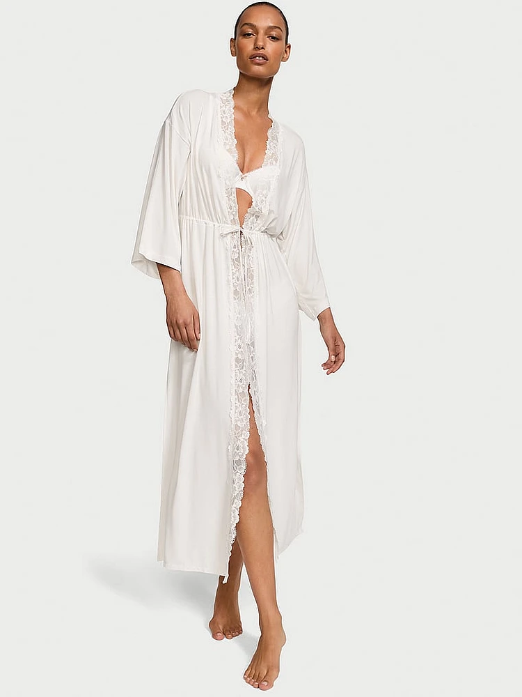 Modal & Lace Trim High-Slit Maxi Robe