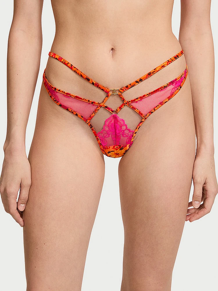 Tropical Satin Lace High-Leg Strappy Thong Panty