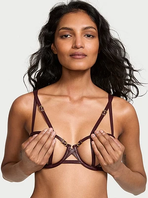 Faux Leather Open-Cup Balconette Bra