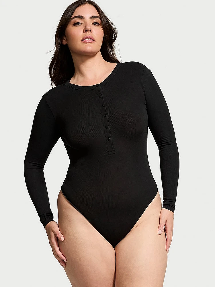 Ribbed Modal Henley Thong Bodysuit