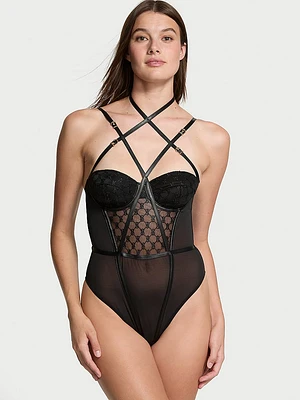 VS Logo Embroidery Balconette Faux-Leather Trim Teddy