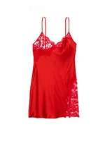 Satin Rose Lace-Trim Asymmetric Slip Dress