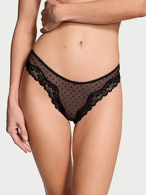 Tease Mesh Lace-Trim High-Leg Thong Panty